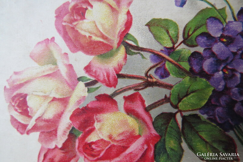 Antik litho/litográfiás képeslap virág, rózsa, ibolya 1933