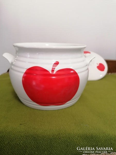 Granite pot with lid, red apple pattern