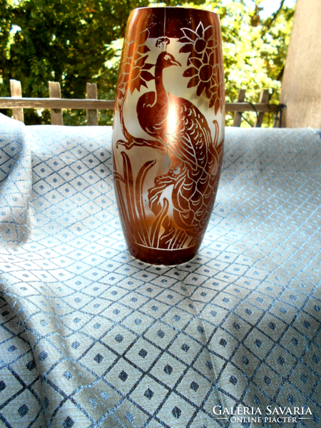 Antique Czech bohemian glass vase 17.5 cm with bird pattern - gold color painting