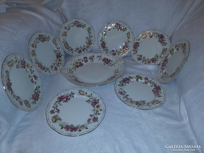 Zsolnay porcelán süteményes/desszertes készlet 8+1, lepke-pillangó mintás dekorral 2005-ös