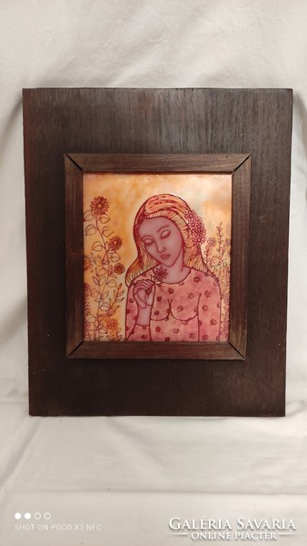 Original fire enamel picture marked Erzsébet Balogh, framed