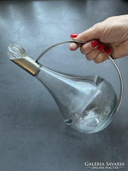 Winter fair! Modern glass decanter with metal handle, spout