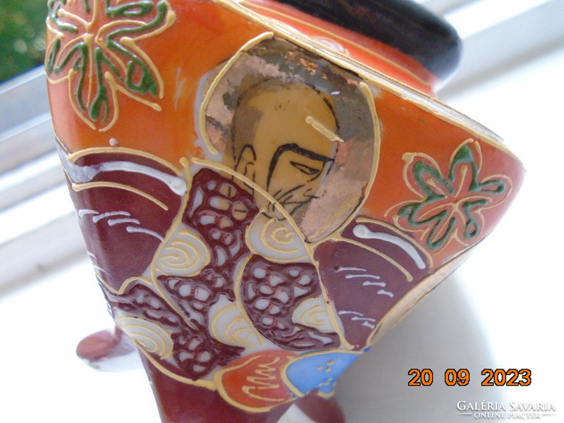 Hand-painted rhombus satsuma moriage incense holder, on 4 legs. Kannon and rakan pattern with coral red glaze