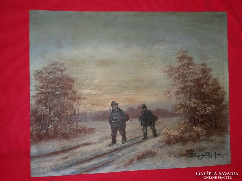 Záhonyi Zsoldos J.festménye olaj farost keret nélkül Cigányzenészek hajnali hazatérése képek szerint
