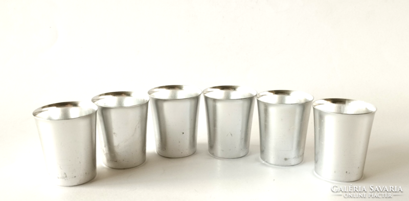 Set of 6 retro metal short drinking glasses for hikers and nature walkers in a metal holder