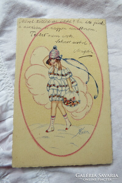 Art deco grafikus képeslap, Kurt művészlap kislány virágokkal 1924