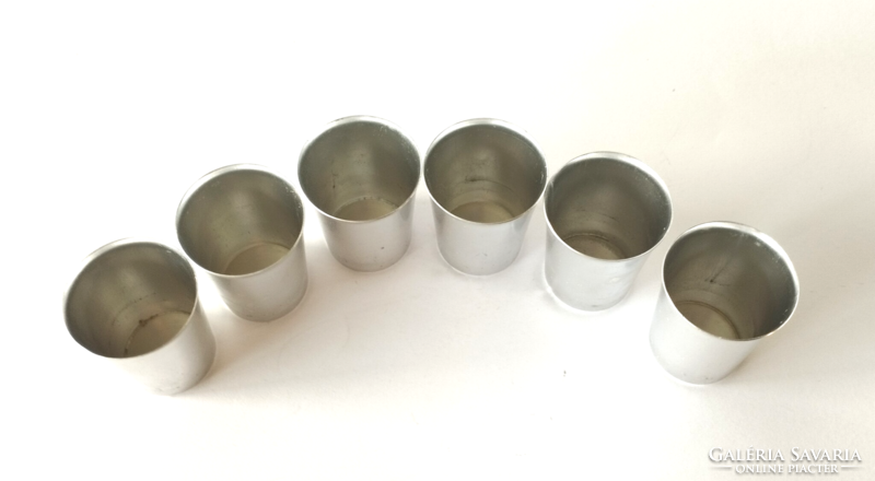 Set of 6 retro metal short drinking glasses for hikers and nature walkers in a metal holder