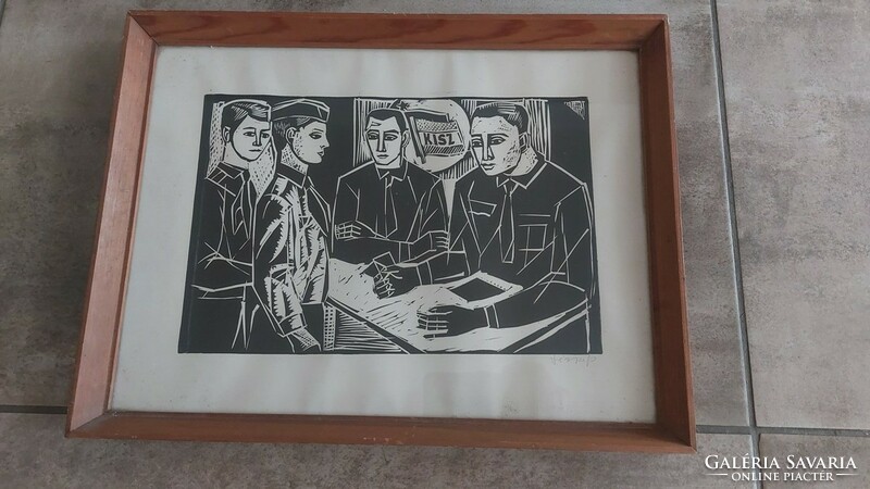 (K) linocut of János Józsa's social realism, 42x32 cm frame, signed!