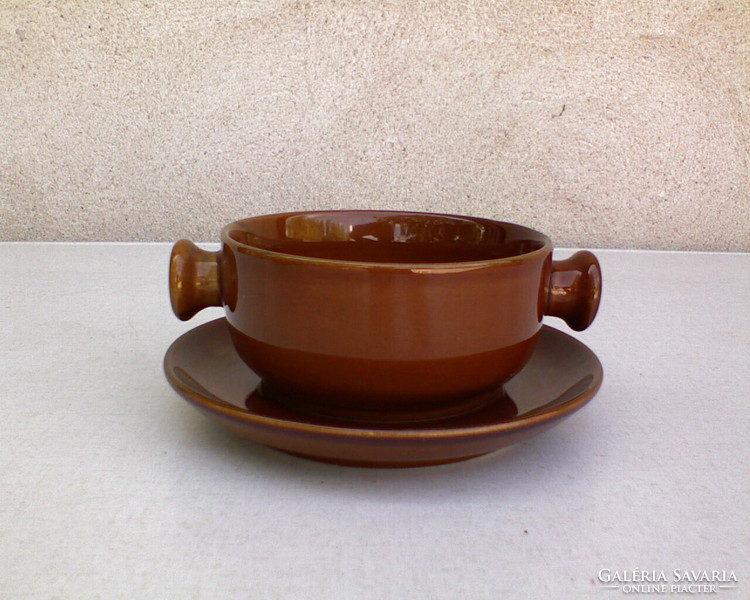 Brown ceramic soup cup + small plate
