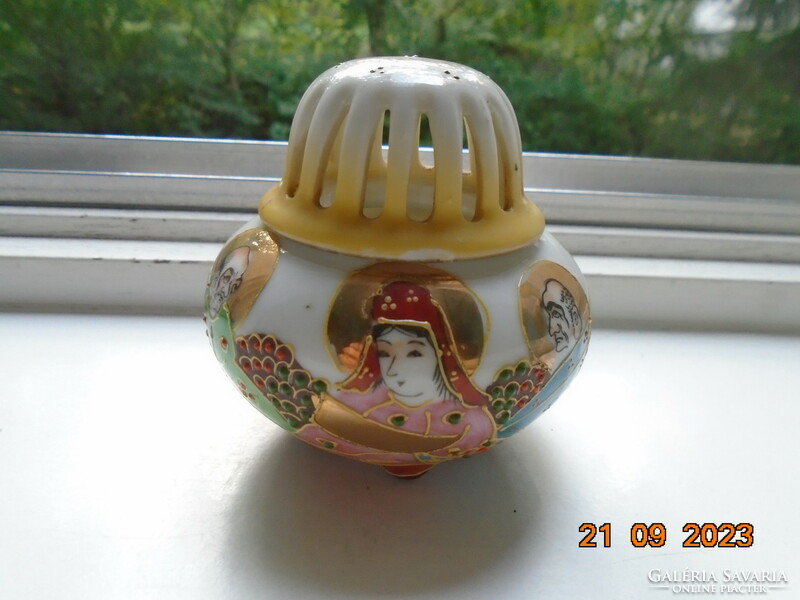 Hand-painted satsuma moriage incense burner with domed lid, squat legs, kannon and rakan pattern