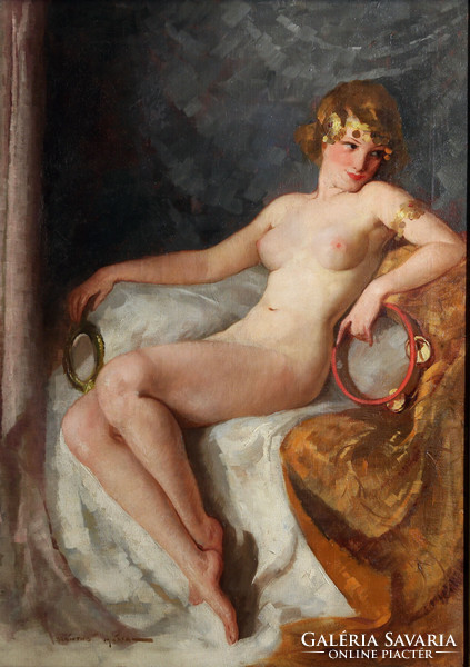Mária Szánthó (1897-1998) female nude with rattle drum 92x72cm | oriental fantasy