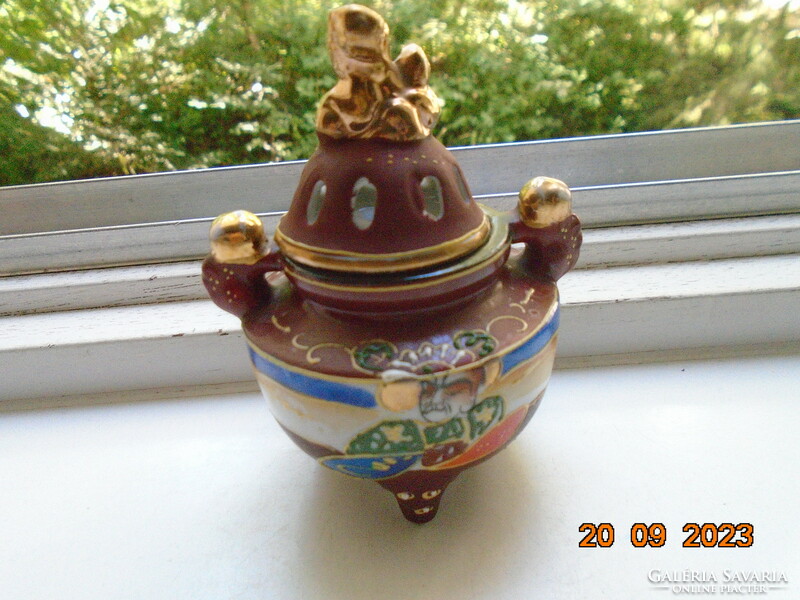 Hand-painted satsuma moriage incense burner with lid on 3 legs, kannon and rakan pattern