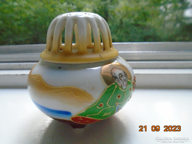 Hand-painted satsuma moriage incense burner with domed lid, squat legs, kannon and rakan pattern