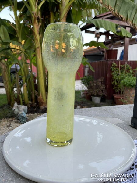 Retro ritkább sárga  váza repesztett Gyönyörű  Fátyolüveg fátyol karcagi berekfürdői üveg