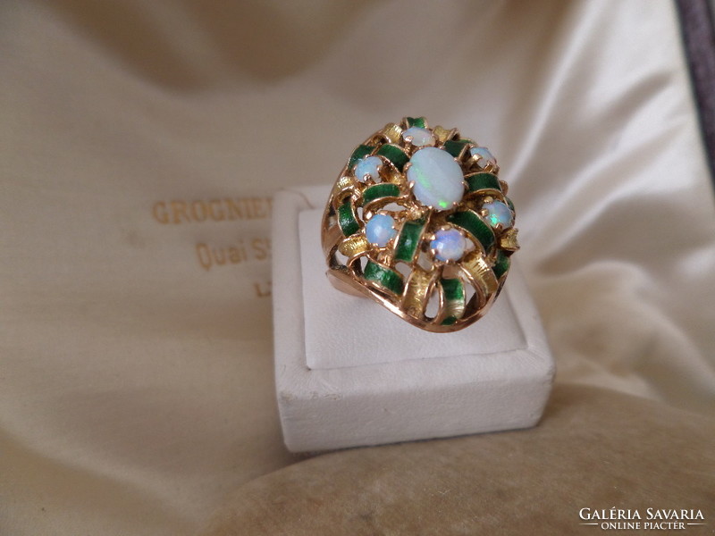 Gold cocktail ring with real opals and green enamel