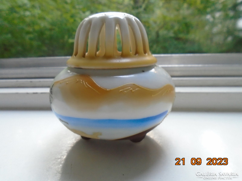 Hand-painted satsuma moriage incense burner with domed lid, squat legs, kannon and rakan pattern