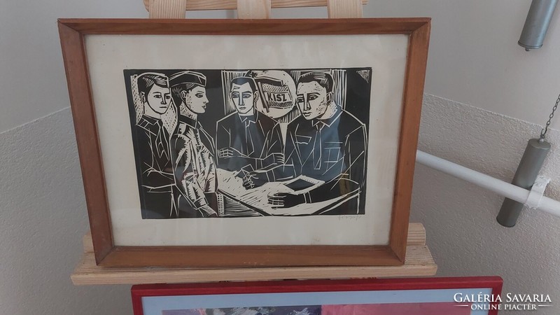 (K) linocut of János Józsa's social realism, 42x32 cm frame, signed!