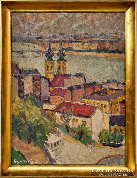 János Gyelmis Lukács (1899 - 1979) picture gallery painting of Budapest cityscape with original guarantee!