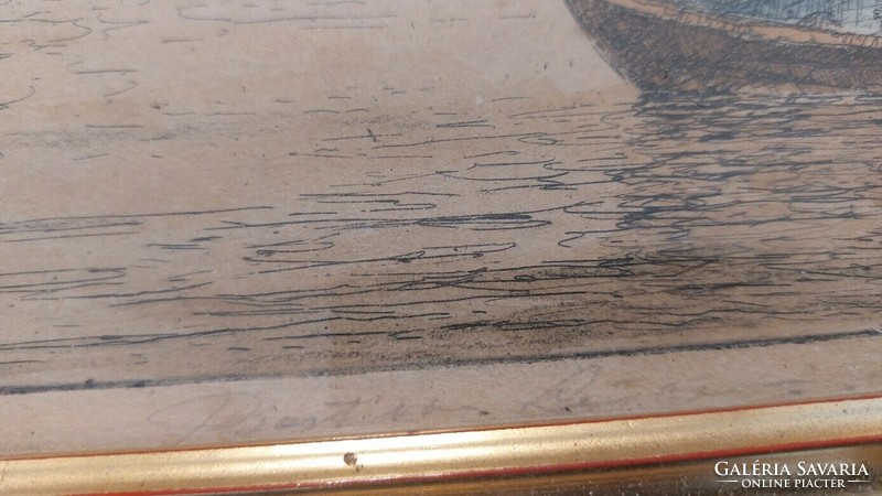 (K) Szignózott rézkarc 53x38 cm kerettel, a fotókon látható patinás állapotban.