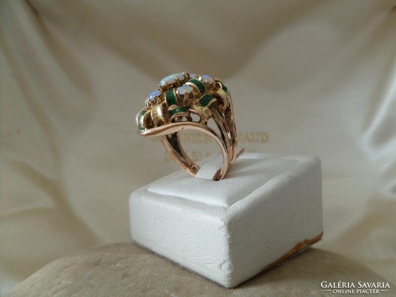 Gold cocktail ring with real opals and green enamel