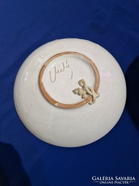 Mihály Béla retro kerámia fali tányér  fehér alapon színes absztrak minta