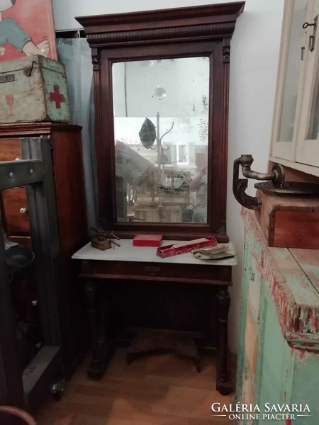 Barbershop, hairdressing equipment, pewter mirror, worktop with marble top, footrest, early 20th century