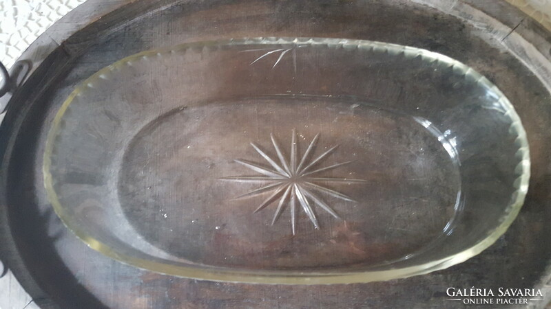 Antique polished, incised glass insert for metal serving tray
