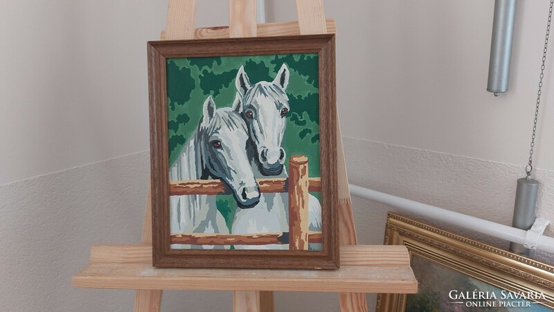 (K) horses lovely small painting 28x22 cm with frame