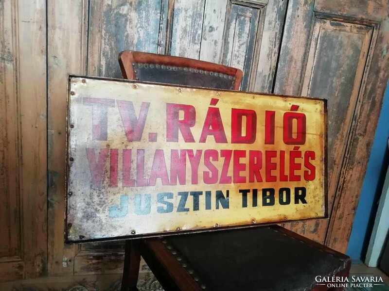 TV rádió villanyszerelés tábla, reklámtábla 1960-as 70-es évek, festett tábla, fém kétoldalas cégér