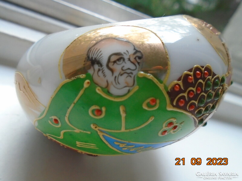 Hand-painted satsuma moriage incense burner with domed lid, squat legs, kannon and rakan pattern