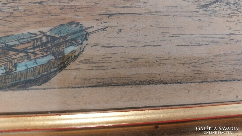 (K) Szignózott rézkarc 53x38 cm kerettel, a fotókon látható patinás állapotban.