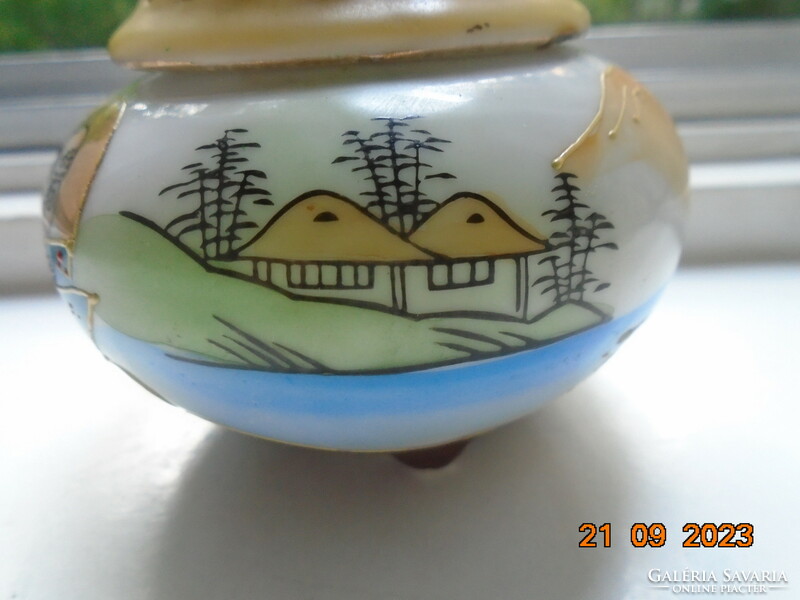 Hand-painted satsuma moriage incense burner with domed lid, squat legs, kannon and rakan pattern