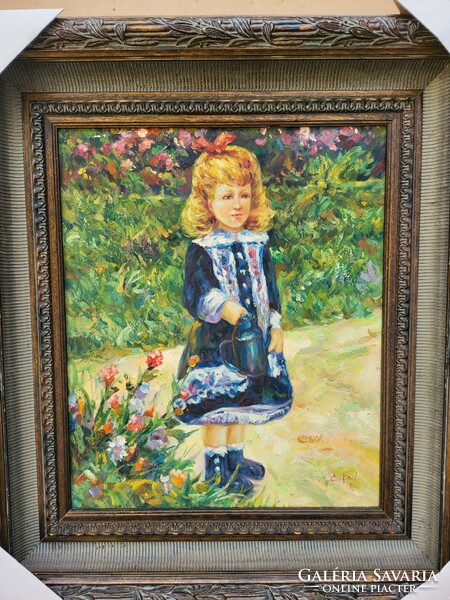Impresszionista olaj-vászon festmény , kislány virágok között