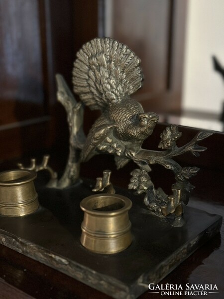Bronze bird inkwell on a marble base