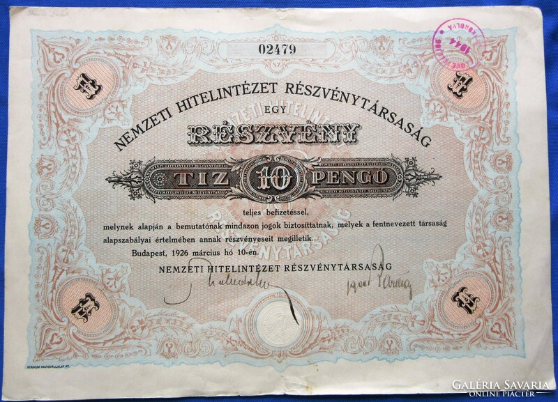 National credit institute joint stock company one share ten pengő Budapest 1926