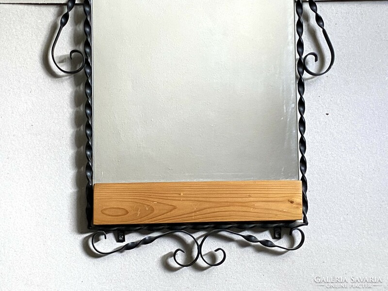 Black wrought iron retro wall mirror with wood decoration 92 x 44 cm