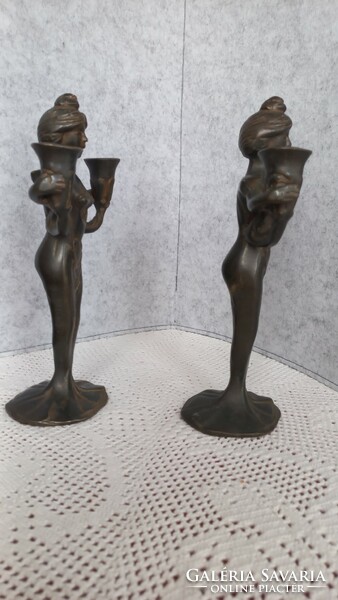 A pair of bronze Art Nouveau two-light candle holders by the French sculptor Lucien Alliot (1877-1967)