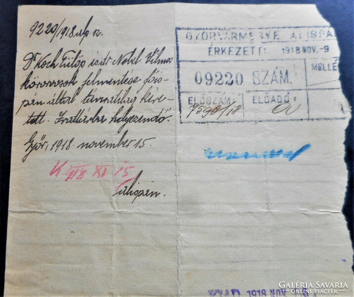 Hatósági katonaorvosok hadügyminiszteri felmentése (távirat, Győr, 1918)