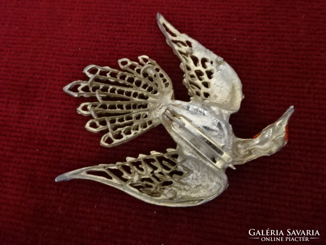 Gold-plated brooch, bird shape, red feather, size: 7x6 cm. Jokai.