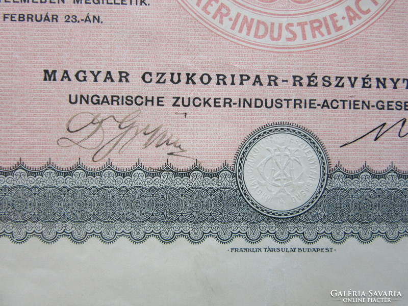 Magyar Czukoripar Részvénytársaság részvény 20 000 koronáról 1924 Budapest