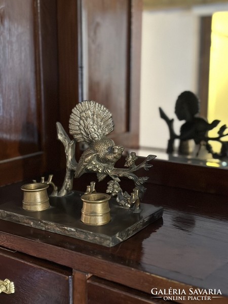 Bronze bird inkwell on a marble base