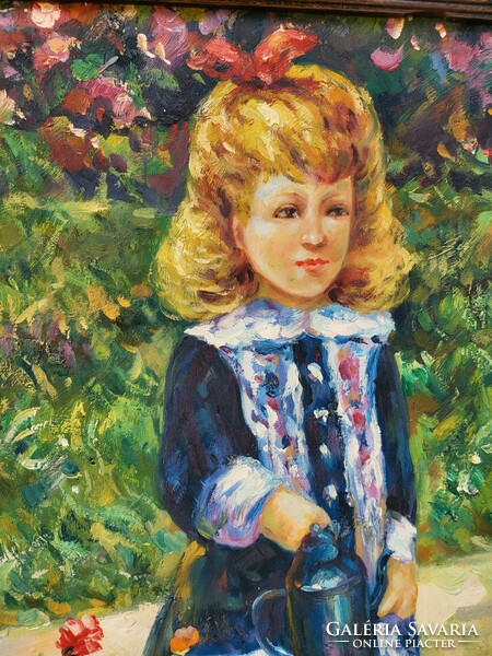 Impresszionista olaj-vászon festmény , kislány virágok között