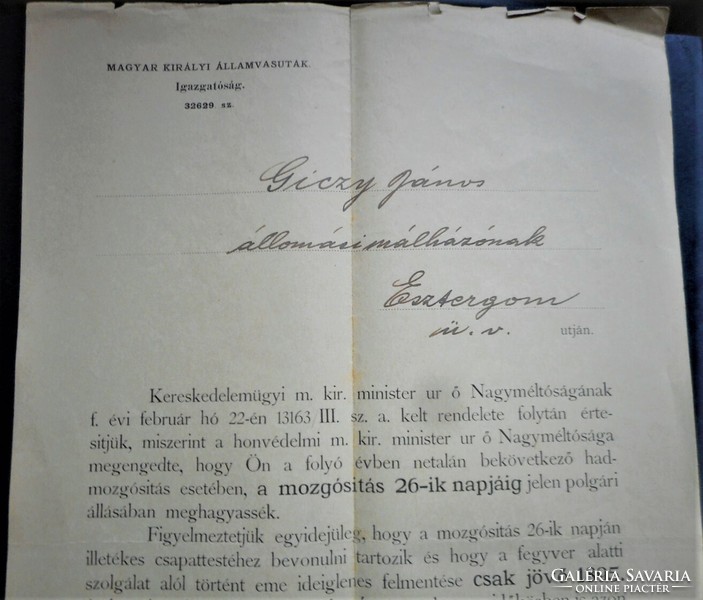 Vasutas felmentése katonai hadmozgósítás esetére (1894. Esztergom)