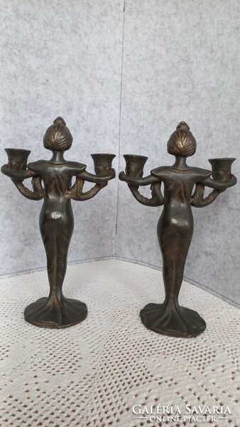Lucien Alliot francia szobrász (1877-1967)  bronz szecessziós kétfényes gyertyatartója párban