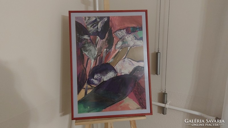 (K) Szép szignózott absztrakt festmény 58x78 cm kerettel