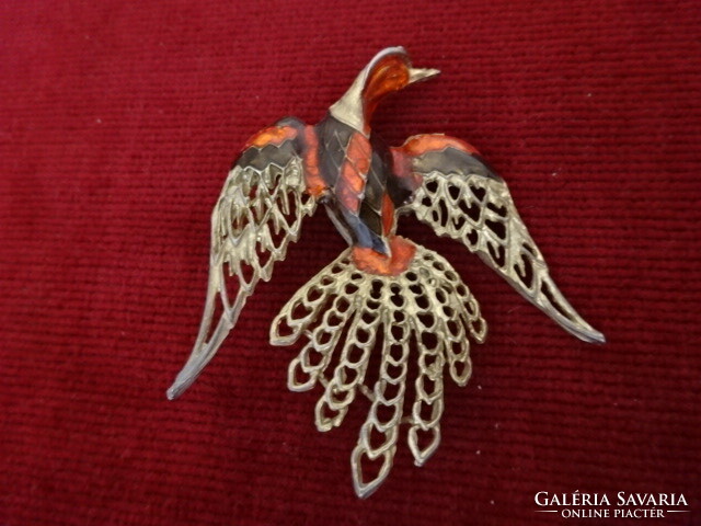 Aranyozott bross, madár forma, piros toll, méret: 7x6 cm. Jókai.