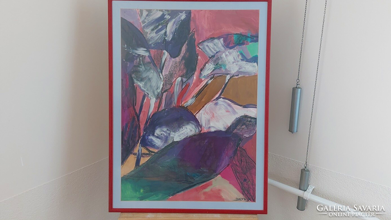 (K) Szép szignózott absztrakt festmény 58x78 cm kerettel