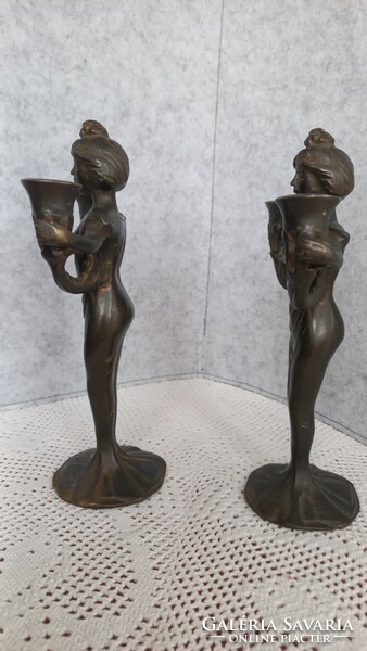 A pair of bronze Art Nouveau two-light candle holders by the French sculptor Lucien Alliot (1877-1967)