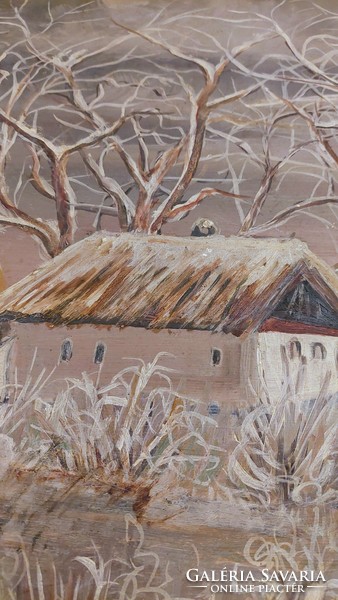 Winter farm wooden sign, oil painting 45x57 cm with Varga árpád signature