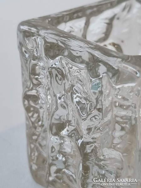 Czech vintage bark pattern candle holder with polished base, crystal glass